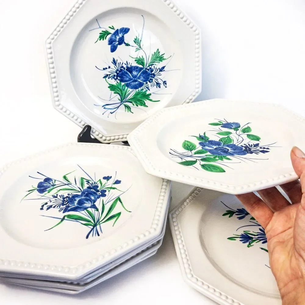 VTG Gialletti Pimpinelli Earthenware Plates Blue Floral Italy Set of 8